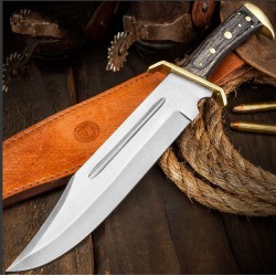 PA3349 Couteau de Chasse Bowie Lame Acier Inox Manche Bois Etui Cuir - Livraison Gratuite