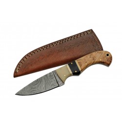 DM1192 Couteau Skinner Damas 256 Couches Manche Corne/Os/Bois Etui Cuir - Livraison Gratuite