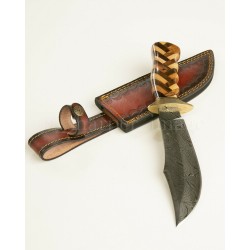 DM1220 Couteau de Chasse Damas 256 Couches Manche Bois Olivier/Noyer Etui Cuir - Livraison Gratuite