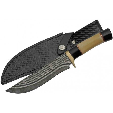 Couteau Bowie Damas Lame 256 Couches Manche Os & Corne Etui Cuir DM1227BO - Livraison Gratuite