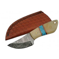 Couteau Skinner Damas Lame 256 Couches Manche Os&Turquoise Etui Cuir DM1238 - Livraison Gratuite