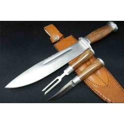 Couteau Bowie Combo : 1 Bowie + 1 Couteau + 1 Fourchette Acier Inox Manche Bois Etui Cuir PA203415 - Livraison Gratuite