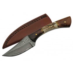 Couteau Damas Skinner Stag Bone Lame 256 Couches Manche Cerfé Etui Cuir DM1269 - Livraison Gratuite