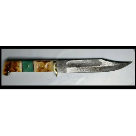 Couteau Burnt Bone Bowie Damas Lame 256 Couches Manche Os Etui Cuir DM1256 - Livraison Gratuite
