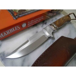 Couteau de Chasse Skinner Marbles Lame Acier Inox Manche Bois/Corne Etui Cuir MR608 - Livraison Gratuite