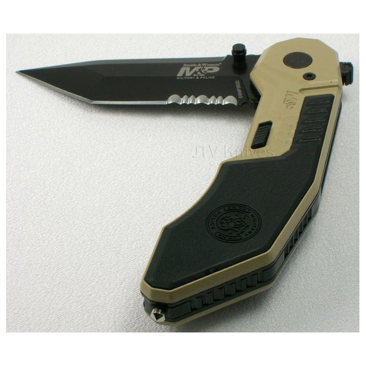 Couteau Automatique Smith&Wesson Military & Police Tanto Serrat Acier 4034 Teflon Manche Alu SWMP3BSD - Livraison Gratuite