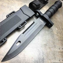 Couteau de Combat S-TEC Bowie Black Lame Acier 3Cr13 Manche Caoutchouc Etui ABS STT228699 - Livraison Gratuite