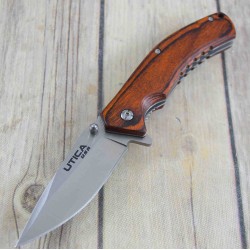 Couteau Utica Woodsman Lame Acier 8Cr13MoV Manche Bois Linerlock CLip UTK111045CP - Livraison Gratuite