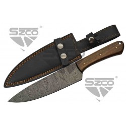 Couteau Damas Bushcraft & Cuisine Lame 256 Couches Manche Noyer Etui Cuir DM1279 - Livraison Gratuite