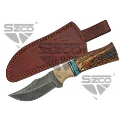 Couteau Damas Skinner Stag/Turquoise Lame 256 Couches Etui Cuir DM1274 - Livraison Gratuite