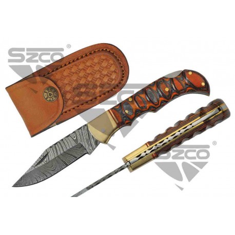 Couteau Damas Twisted Wood Lame 128 Couches Manche Bois Lockback Etui Cuir DM1286 - Livraison Gratuite