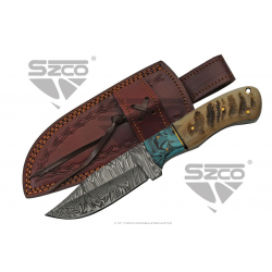 Couteau Damas Big Game Skinner Ram Horn Lame Acier 256 Couches Manche Bélier Etui Cuir DM1273 - Livraison Gratuite