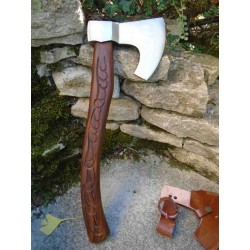 Hache de Viking Axe Carved Handle Lame Acier 1055 Manche Bois Sculpté Etui Cuir Marbles MR614 - Livraison Gratuite