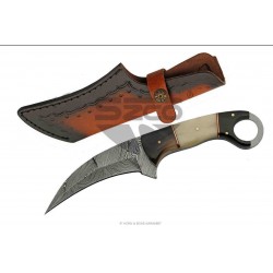 Couteau Karambit Damas Lame 256 Couches Manche Corne & Os Etui Cuir DM1295BO - Livraison Gratuite