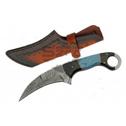 Couteau Karambit Damas Lame 256 Couches Manche Corne & Turquoise Etui Cuir DM1295TR - Livraison Gratuite