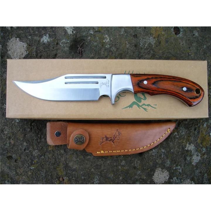 Couteau Bushcraft Elk Ridge Hunter Lame Acier 440 Manche Bois Etui Cuir ER052 - Livraison Gratuite