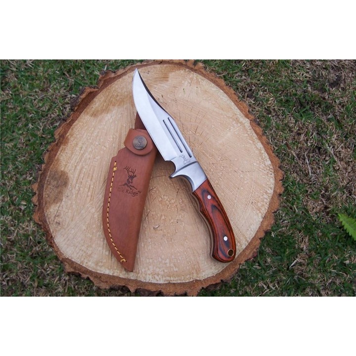 Couteau Bushcraft Elk Ridge Hunter Lame Acier 440 Manche Bois Etui Cuir ER052 - Livraison Gratuite