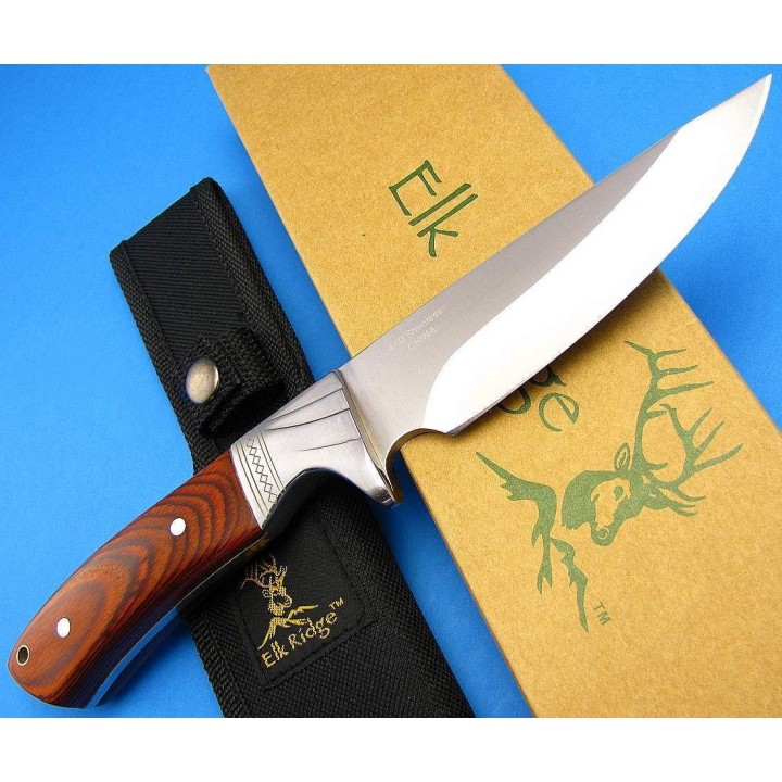 Couteau de Chasse Elk Ridge Acier 440 Manche Bois Etui Nylon ER148 - Livraison Gratuite