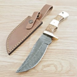 Couteau Bowie Damas Hunter Walnut/Bone 256 Couches Manche Bois & Os Etui Cuir DM1313BW - Livraison Gratuite