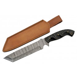 Couteau Damas Slate Hunter Machete 256 Couches Manche Micarta Etui Cuir DM1322 - Livraison Gratuite