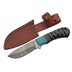 Couteau Skinner Damas 256 Couches Dusk At Dawn Hunter Manche Bois&Turquoise Etui Cuir DM1297 - Livraison Gratuite