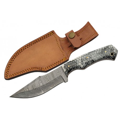 Couteau Bowie Damas 256 Couches Texas Rattler Manche Façon Snake Etui Cuir DM1321 - Livraison Gratuite