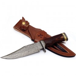 Couteau FH Knives Bowie Lame Acier Damas 256 Couches Manche Bois Etui Cuir FHKHZBW001 - Livraison Gratuite