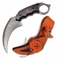 Couteau FH Knives Karambit Lame Acier Damas 256 Couches Manche Black Etui Cuir FHKKMBT002 - Livraison Gratuite