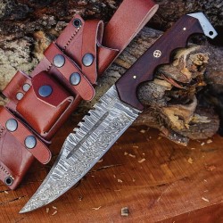 Couteau FH Knives Bowie Brown Lame Acier Damas 256 Couches Manche Bois Etui Cuir FHKCPBW001 - Livraison Gratuite