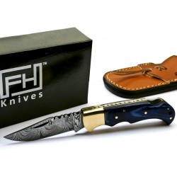 Couteau Damas FH Knives Blue Lame Damas 128 Couches Manche Bois Lockback Etui Cuir FHKBLU001 - Livraison Gratuite