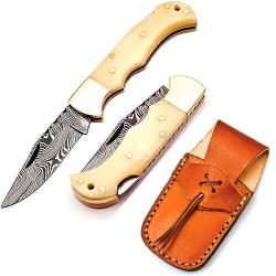 Couteau Damas FH Knives Bone Lame Damas 128 Couches Manche Os Lockback Etui Cuir FHKBNE001 - Livraison Gratuite