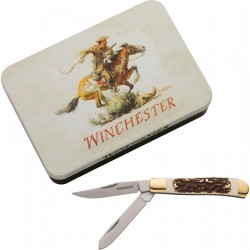 Couteau Winchester 2 Lames Acier Inox Manche Imitation Bois de Cerf Boite Métal WN6220095 - Livraison Gratuite