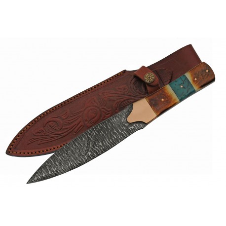 Couteau Damas Flint Lame Acier Damas 256 Couches Manche Os Etui Cuir DM1270 - Livraison Gratuite