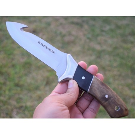 Couteau de Chasse Winchester Guthook Lame Acier Inox Manche Bois Etui Nylon G2241783 - Livraison Gratuite