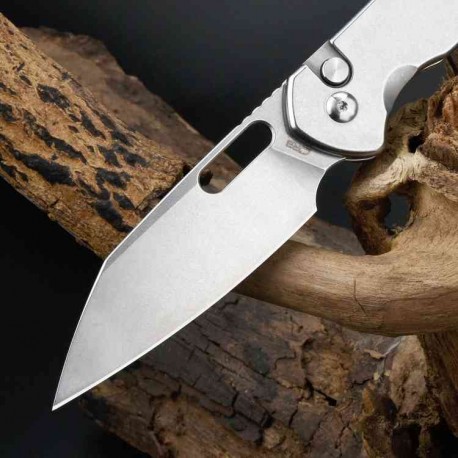 Couteau CJRB Pyrite Wharncliffe Lame Acier AR-RPM9 Satin Manche Acier Button Lock IKBS Clip J1925AST - Livraison Gratuite