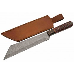 Couteau Damas Viking Seax Lame 256 Couches Manche Bois Red Etui Cuir DM1368RD - Livraison Gratuite