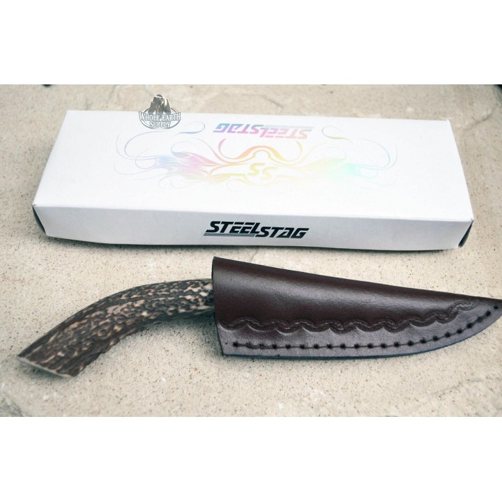 Skinner Couteau de Chasse Hunter Acier Carbone Manche Bois de Cerf Etui Cuir SS7017 - Livraison Gratuite