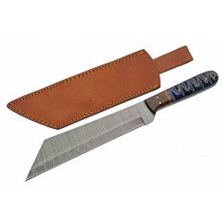 Couteau Damas Viking Seax Lame 256 Couches Manche Bois Blue Etui Cuir DM1368BL - Livraison Gratuite