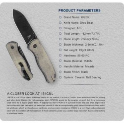 ﻿Couteau Kizer Drop Bear Black Manche Micarta Lame Acier 154CM IKBS Clutch Lock Clip KIV3619C4 - Livraison Gratuite