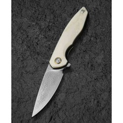 Couteau Bestech Bambi Lame Damas Lame Drop Point Polished Manche Ox Bone Linerlock Etui Cuir BTKL08C - Livraison Gratuite