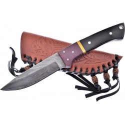 Couteau Damas Frost Cutlery Hunter Buffalo Horn Manche Corne Lame 256 Couches Etui Cuir FCW4762BHD - Livraison Gratuite