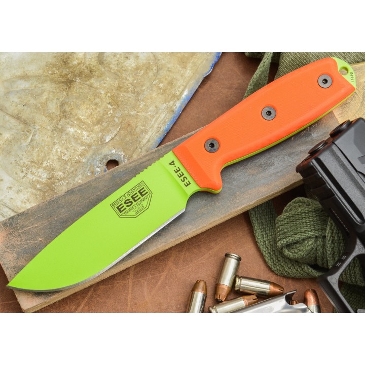 Couteau de Survie Esee Model 4 Plain Lame carbone 1095 Venom Green Orange G-10 Made In USA ES4PVG - Livraison Gratuite