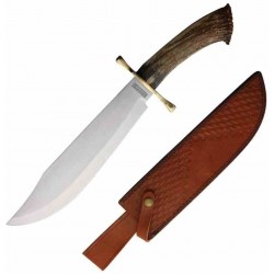 ﻿Couteau Bowie Davy Crockett Rough Ryder Crown Stag Lame Acier Inox Manche Bois de Cerf Etui Cuir RR2590 - Livraison Gratuite