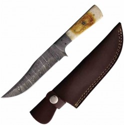 Couteau de Chasse Damas Lame 256 Couches Manche Os Mitres Damas Etui Cuir FH Knives FHK1352 - Livraison Gratuite