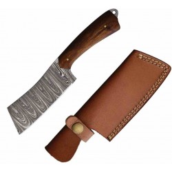 Couteau Couperet Damas Lame 256 Couches Manche Bois Etui Cuir FH Knives FHK1527 - Livraison Gratuite