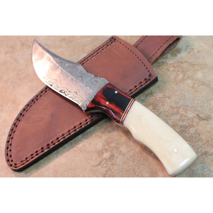 Couteau de Chasse Lame Damas 258 Couches Manche Os & Bois Etui Cuir DM1078 - Livraison Gratuite