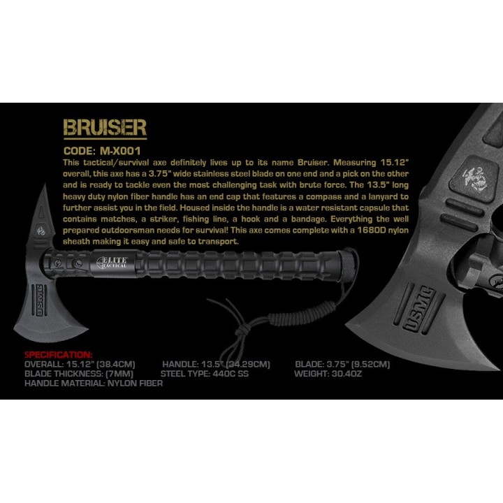 Hache Tomahawk USMC Elite Tactical Axe BRUISER Acier 440C Manche FRN USMX001 - Livraison Gratuite