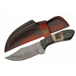 Couteau Damas Skinner Buffalo Stag Lame Acier 256 Damas Manche Corne Etui Cuir DM1356 - Livraison Gratuite