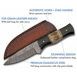 Couteau Damas Skinner Buffalo Stag Lame Acier 256 Damas Manche Corne Etui Cuir DM1355 - Livraison Gratuite