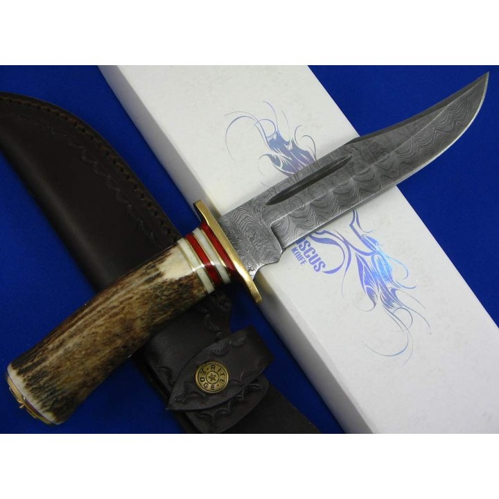 Couteau de Chasse Damas 256 Couches Manche Bois de Cerf Etui Cuir DM1043 - Livraison Gratuite 
